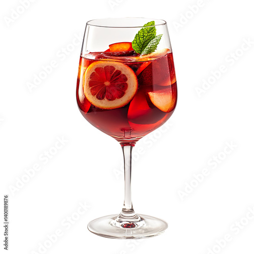 A glass containing red sangria is seen by itself isolated on a white background
