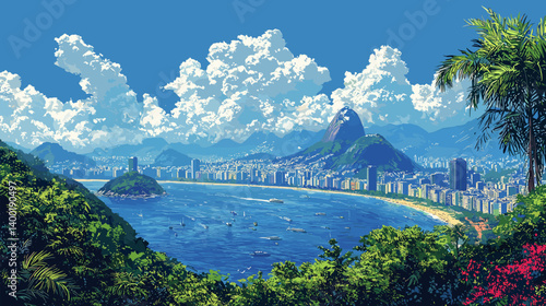 Scenic view of a tropical bay with a vibrant city, iconic mountains, lush vegetation, and dramatic clouds under a bright blue sky