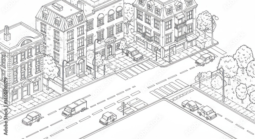 Fototapeta premium Detailed Isometric Line Art City Block with Roads, Cars, and Trees