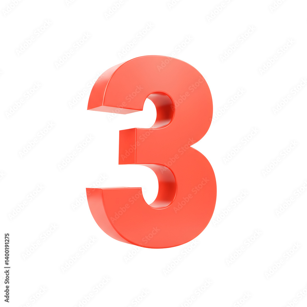 Three Dimensional Red Number Three on Transparent Background Three Dimensional Red Number Three on Transparent Background
