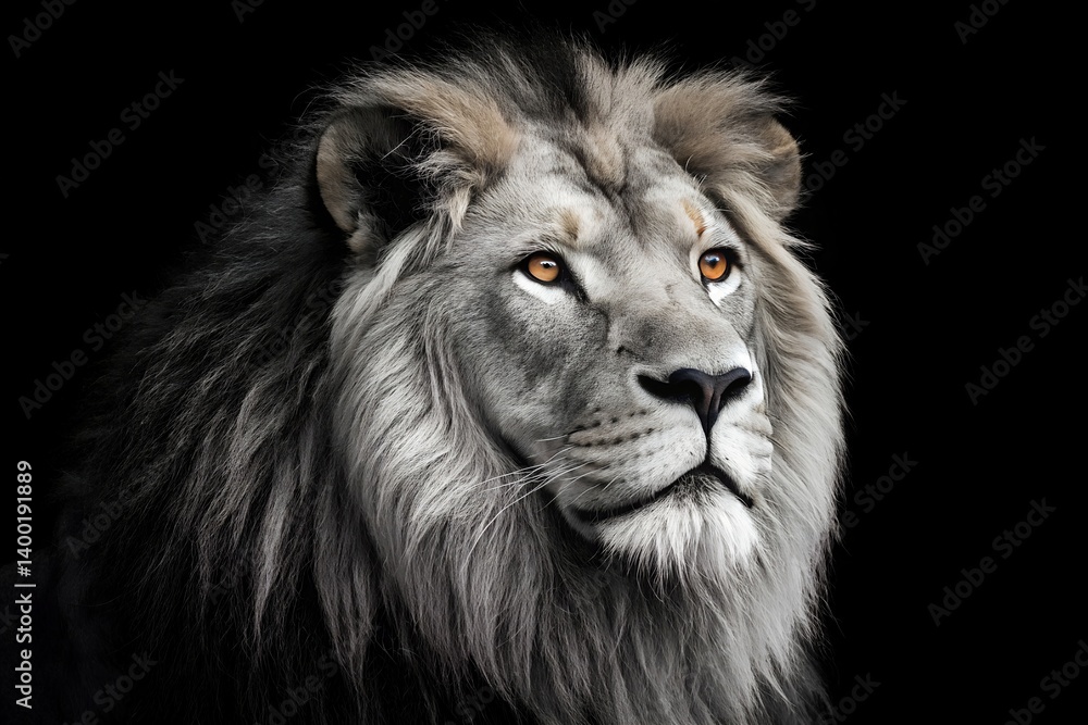 Fototapeta premium Majestic Lion Portrait With Intense Gaze Against A Black Background Showcasing Powerful Wild Animal Beauty And Strength, lion, portrait, animal, wildlife, big cat, feline, predator, mane, black