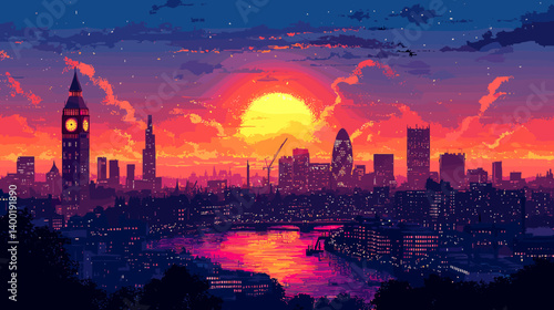 A vibrant sunset over London, with Big Ben and the iconic city skyline reflected in the river. The sky glows with rich orange and purple tones, creating a breathtaking view.