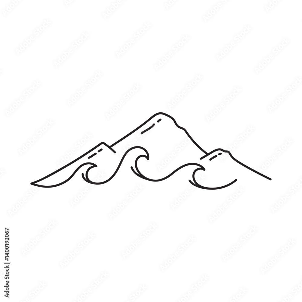 A vector illustration of a mountain and waves silhouette drawing landscape outline framing the design template A vector illustration of a mountain and waves silhouette drawing landscape outline framing the design template