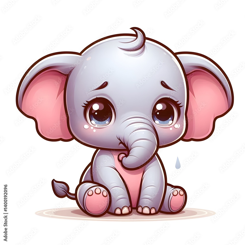 Fototapeta premium Sad Cartoon Baby Elephant Sitting and Crying - Vector Illustration 