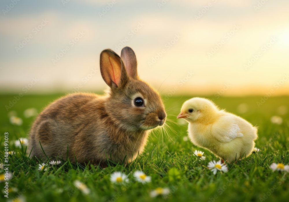 Fototapeta premium Adorable bunny and chick interact with each other on a flower-covered grass at sunset