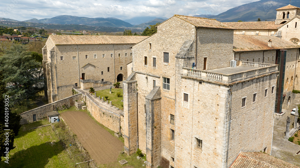 Aerial view of Casamari Abbey located near Frosinone, Lazio, Italy. It is a Cistercian abbey, example of early Italian Gothic architecture in the Burgundian style. It was declared a National Monument.