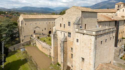 Obraz na płótnie Aerial view of Casamari Abbey located near Frosinone, Lazio, Italy. It is a Cistercian abbey, example of early Italian Gothic architecture in the Burgundian style. It was declared a National Monument. w salonie