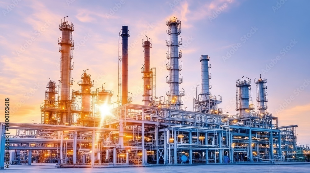 View of a massive oil refinery complex with smokestacks and tanks under a clear sky View of a massive oil refinery complex with smokestacks and tanks under a clear sky