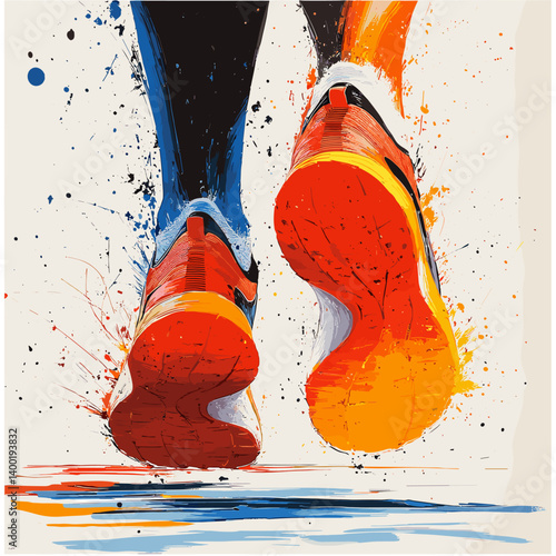 Vector illustration of a runner's feet in vibrant sneakers mid-stride, captured in dynamic motion with splashes of color, conveying speed, energy, and the spirit of athleticism and movement