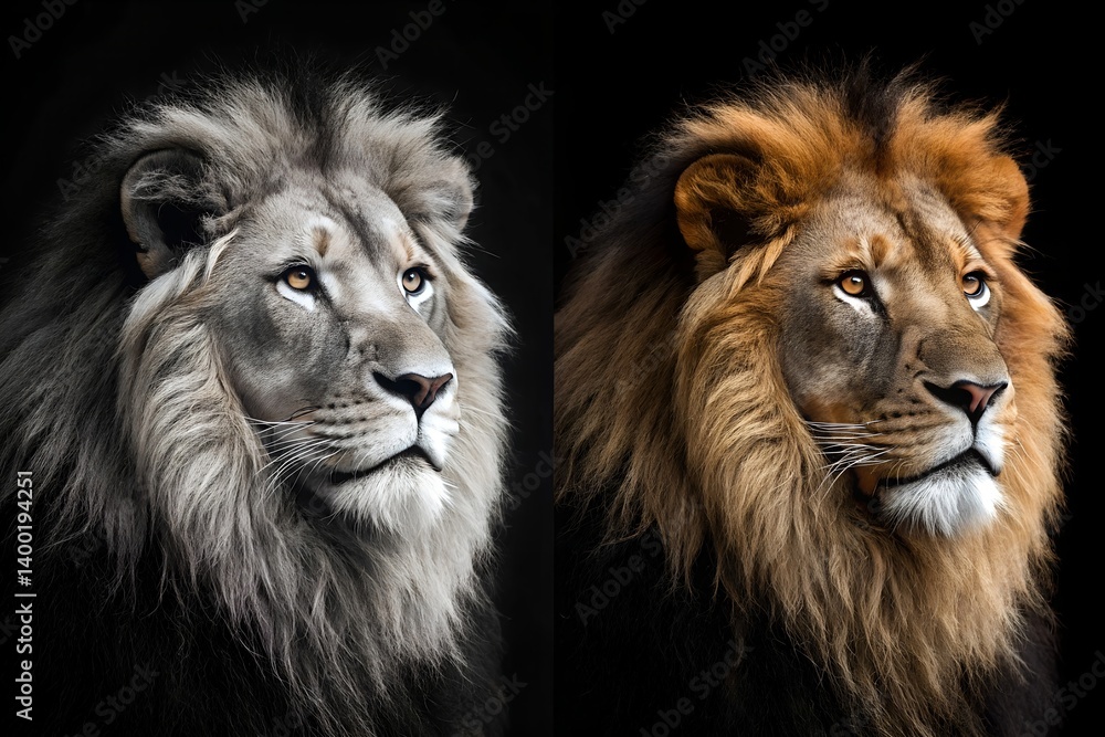 Fototapeta premium Dual Lion Portrait In Contrasting Colors Majestic Wildlife Art African Animals Pride Regal Mammals Feline Predators Zoology Study, lion, animal, wildlife, portrait, mammal, predator, feline, carnivore