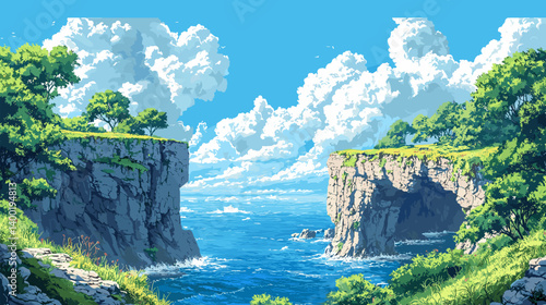Vector illustration of two rocky cliffs separated by the ocean, with lush greenery and dramatic clouds in the background. A peaceful coastal landscape with a bright and serene summer vibe