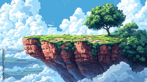 Stunning vector illustration of a floating island with grass and a single tree above the clouds, surrounded by a bright blue sky. Peaceful and surreal landscape perfect for fantasy themes