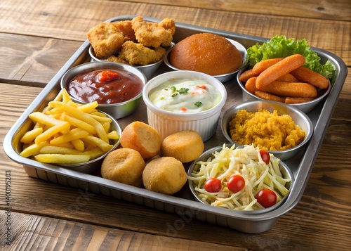 Delicious Assortment: A tray laden with an array of tempting and savory dishes, offering a visually delightful and mouthwatering feast, perfect for satisfying any appetite. 