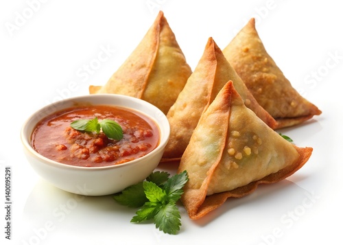 Golden Triangles of Flavor: A tantalizing array of golden-fried samosas are arranged with a vibrant bowl of dipping sauce.