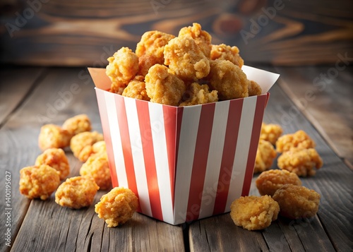 Crispy Chicken Popcorn: A delightful close-up of crispy chicken popcorn in a red and white striped box, spilling onto a rustic wooden surface.