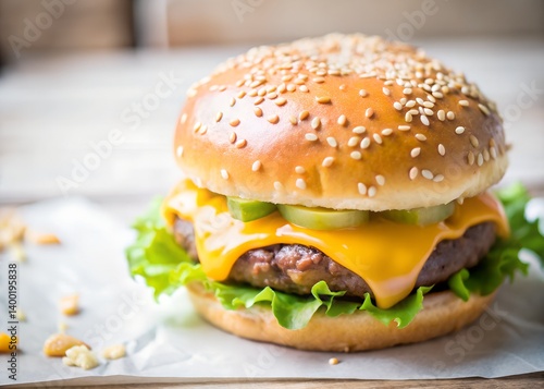 A Gourmet Burger: A mouthwatering gourmet burger featuring a juicy beef patty, melted cheese, crisp lettuce, and tangy pickles, nestled between a toasted sesame seed bun.