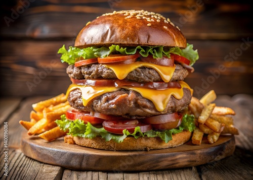Burger Extravaganza: A tantalizing burger with a juicy double patty, melted cheese, fresh vegetables, and a side of crispy fries, presented on a wooden board.