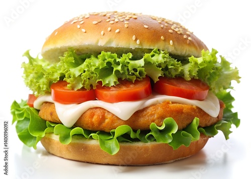 Classic Chicken Burger: A mouthwatering classic chicken burger,  perfectly grilled, nestled in a soft sesame seed bun, topped with fresh lettuce, juicy tomato slices and creamy mayonnaise.