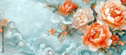 Fototapeta Naklejka Na Ścianę i Meble -  Delicate Floral Design on Light Teal Background