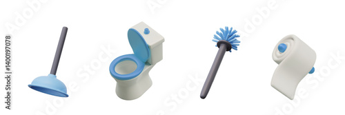 Collection of 3D icons for online cleaning business. Vector templates for toilet interior design. Templates for cleaning bath. Suction cup, toilet, brush, toilet paper