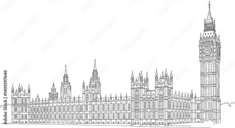 Line Art Sketch of the Palace of Westminster and Big Ben Line Art Sketch of the Palace of Westminster and Big Ben