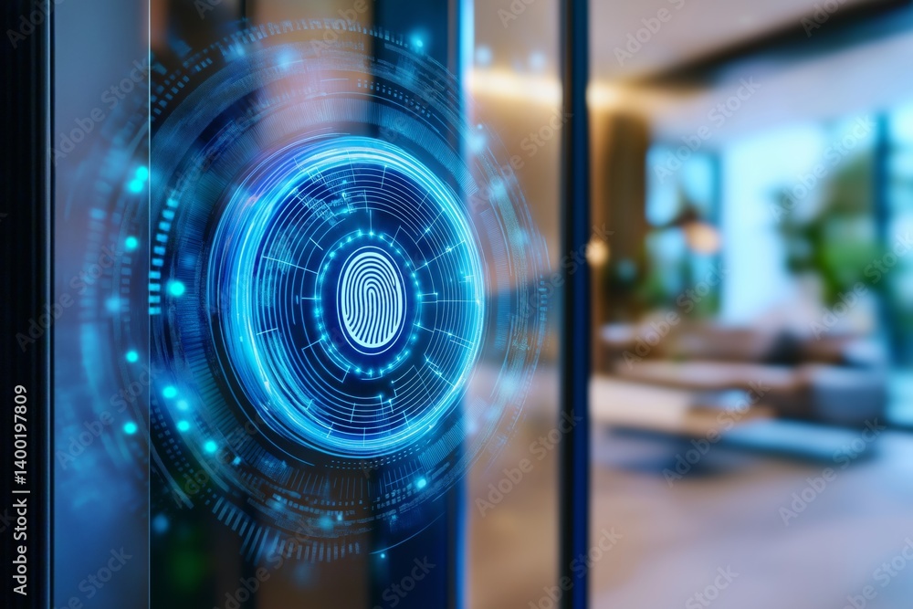 A high-tech lock that requires fingerprint identification, with a gently blurred futuristic home interior in the background.