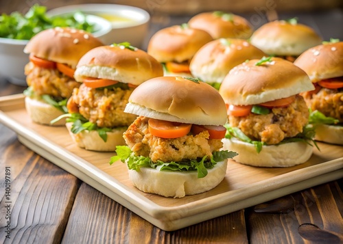 Mini Crab Cakes Sliders: A delectable platter of mini crab cake sliders, each featuring succulent crab meat, fresh arugula, and juicy tomato slices nestled in soft buns.