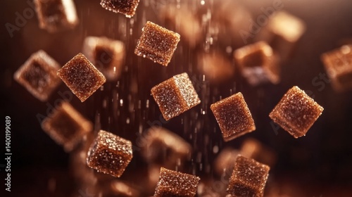 Elegant dark brown sugar cubes falling in a mesmerizing dance against a blurred dark background food photography