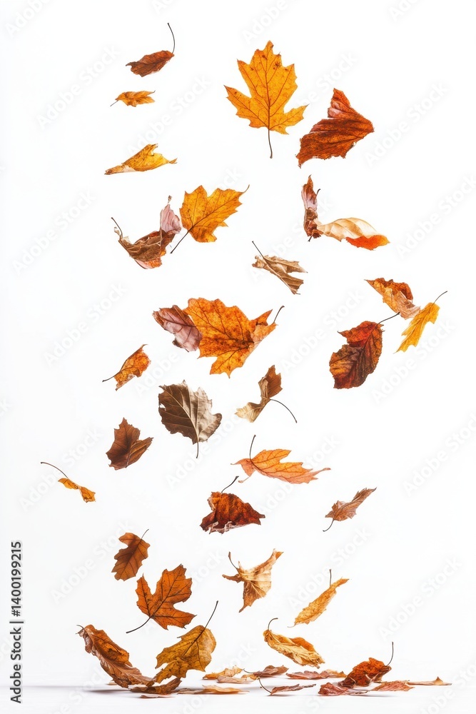 Captivating Autumnal Cascade of Deciduous Leaves Falling Gracefully Against a Clean White Backdrop in a Bright Studio Setting with a High Angle View Captivating Autumnal Cascade of Deciduous Leaves Falling Gracefully Against a Clean White Backdrop in a Bright Studio Setting with a High Angle View