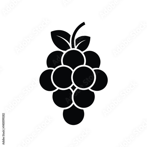 A black silhouette of a grapevine with a cluster of grapes, isolated on a white background
