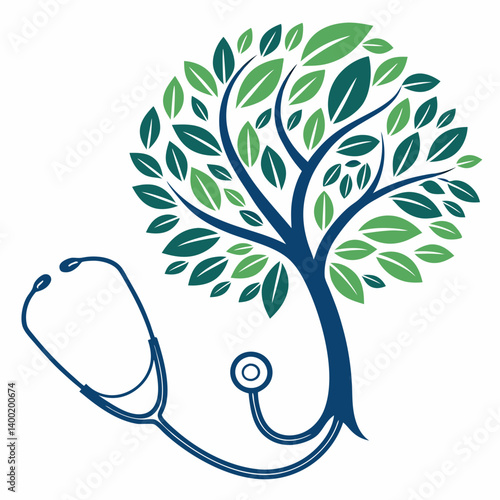 Stethoscope and Tree of Green Leaves Medical Vector Art Health Wellness