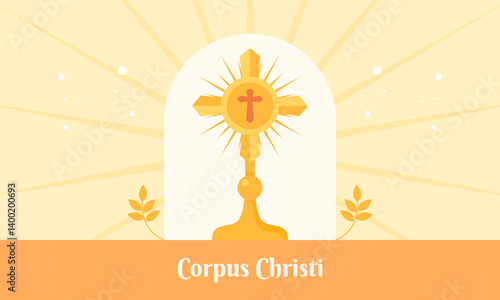 Corpus Christi Catholic Religious Celebration Festival with Eucharist and Religious Symbols Flat Illustration.