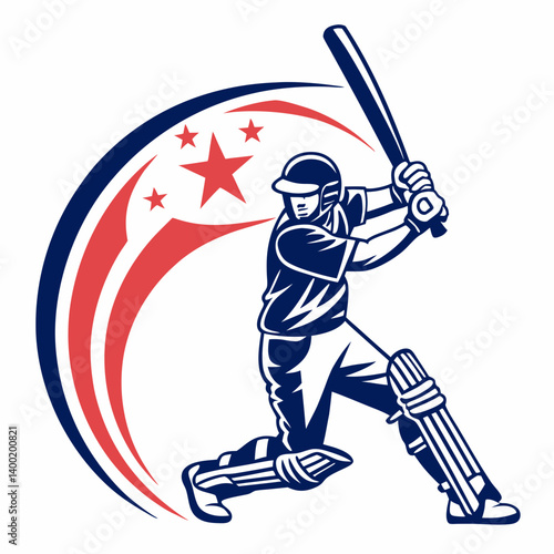 Sporty Cricket Batsman Batting Vector Illustration Logo Red Blue Swoosh Stars