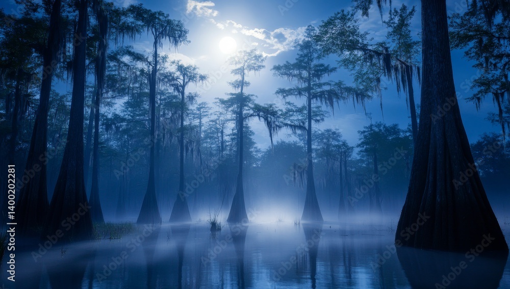 Naklejka premium Misty cypress swamp at night under a full moon