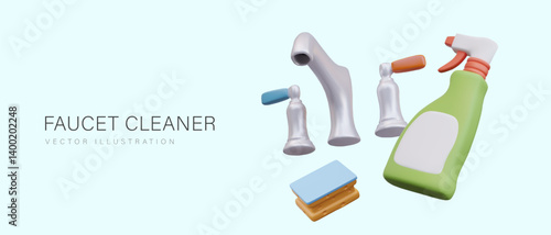 Metal faucet detergent advertisement template. Scale and rust remover. Realistic faucet, sponge, spray with blank label. Place for text, logo, promotional price
