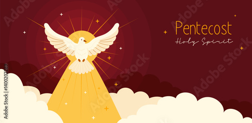 Pentecost Sunday Holy Spirit. Dove with Divine Light Clouds on Burgundy Background Banner. Catholics, Christians Religious Holiday. Horizontal Poster for Biblical Series. Vector Illustration