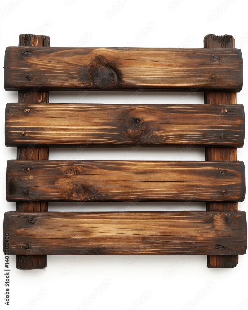 Rustic wooden pallet with dark brown planks against white backdrop creating a textured background Rustic wooden pallet with dark brown planks against white backdrop creating a textured background