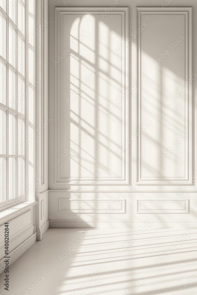 Fototapeta premium Elegant White Room with Sunlight Streaming Through Window Creating Shadow Patterns on Wall Interior