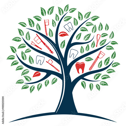 Vector Dental Tree Graphic: Teeth Leaves, Toothbrush, Floss, Mouth