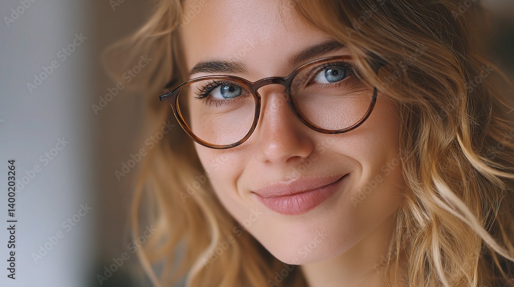 Obraz premium Bright-eyed woman in eyeglasses smiling kindly and radiating warmth
