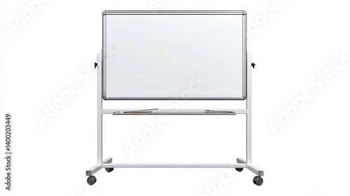 Blank whiteboard on wheels with metal frame and marker tray isolated on white background