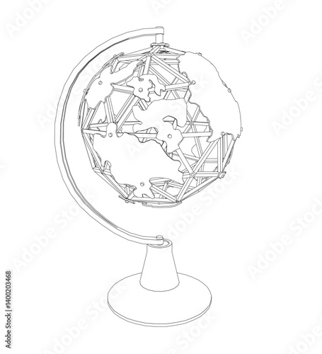 A globe is shown in a black and white drawing. The globe is made of metal and has a stand. The globe is not in use and is sitting on a table