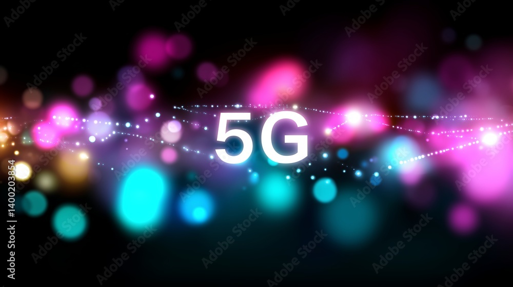 Obraz premium Colorful digital design showcasing 5G technology with vibrant light effects and abstract patterns representing connectivity
