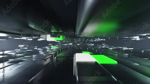 A futuristic VJ loop featuring metallic cubes slowly rotating and floating through a dense blue fog, illuminated by soft green and white glow effects. The ambient lighting and sci-fi aesthetic.