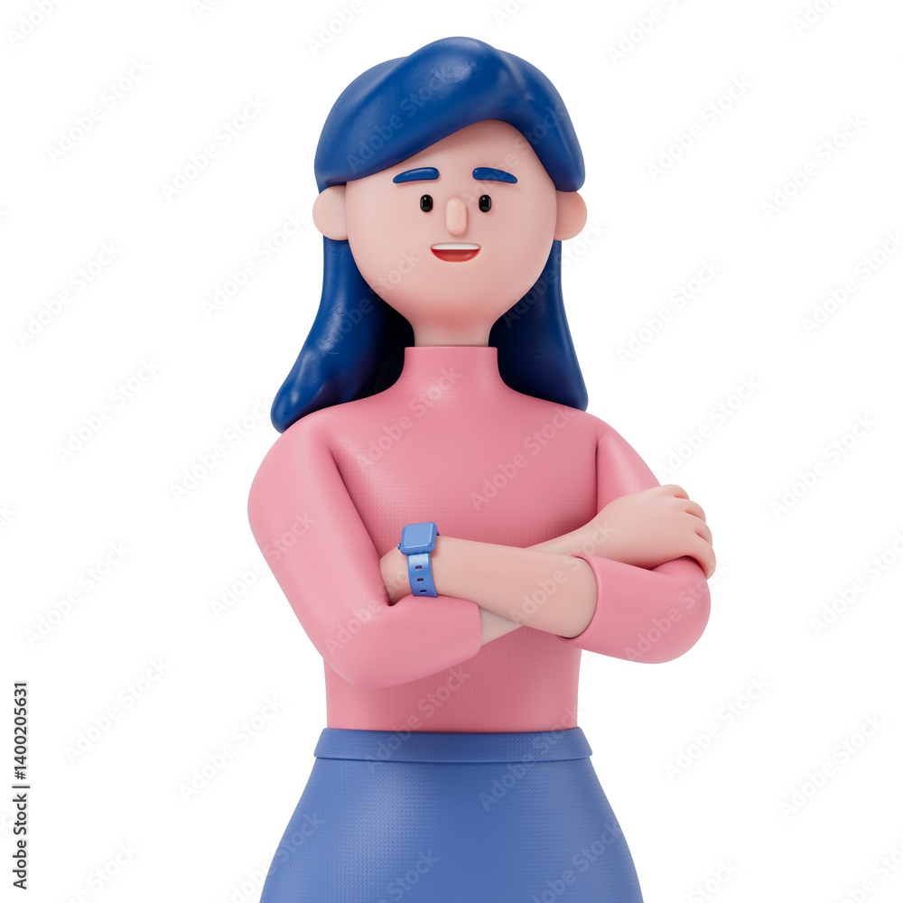A woman with arms crossed, symbolizing confidence or self-assuredness. 3d rendering, conceptual image. Isolated on white background. A woman with arms crossed, symbolizing confidence or self-assuredness. 3d rendering, conceptual image. Isolated on white background.