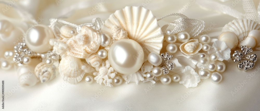 Fototapeta premium Elegant Arrangement of Pearls and Seashells on Silky Fabric for Bridal or Beach Theme Decoration