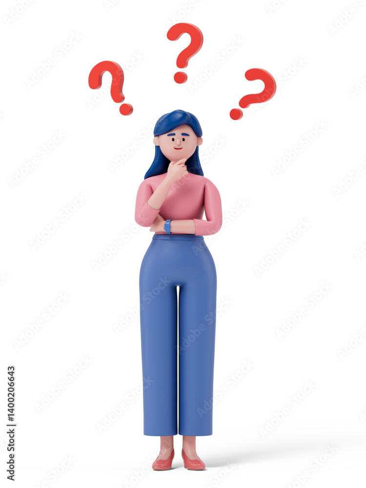 A woman thinks, surrounded by floating question marks, symbolizing uncertainty or decision-making. 3D rendering, conceptual image. Isolated on white background. A woman thinks, surrounded by floating question marks, symbolizing uncertainty or decision-making. 3D rendering, conceptual image. Isolated on white background.