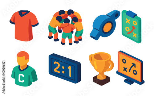 Football team strategy icons set: 3d style whistle, trophy, scoreboard, and more