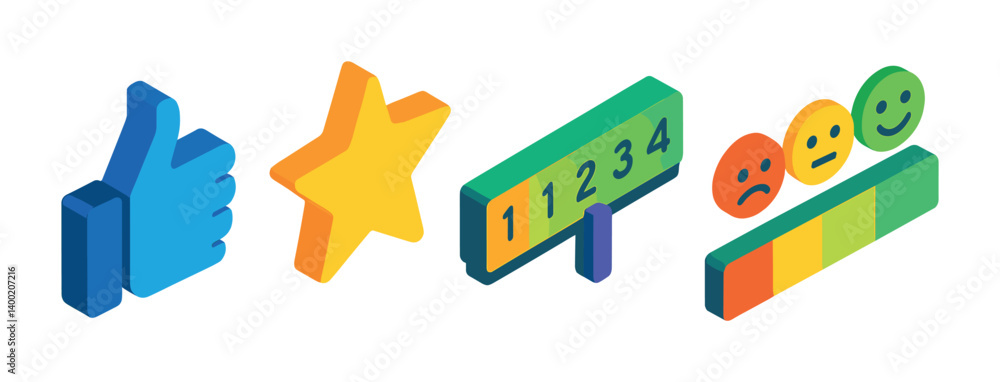 Fototapeta premium Isometric flat vector set of icons of rating systems: thumbs up, star icon, 1 to 5 scale, review chart, feedback level, satisfaction icon, sentiment bar, emoji scale. isolated transparent background.