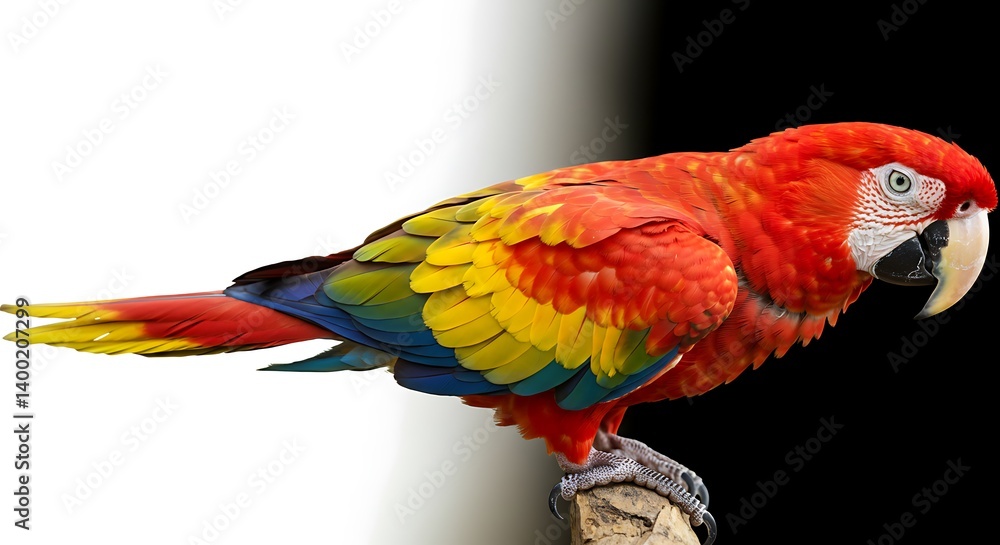 Fototapeta premium Scarlet Macaw's Fiery Gaze: A Stunning Portrait in High Contrast AI Generated